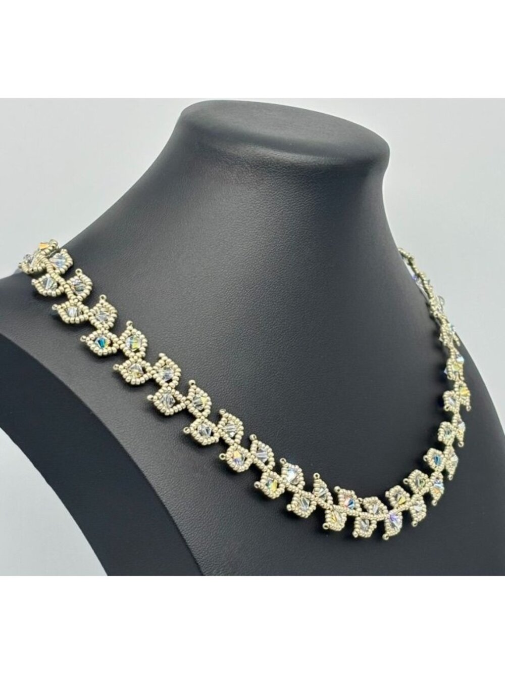 Artisan-Made Beaded Leaves Necklace Collar W/Swarovski Crystals Glass Seed Beads